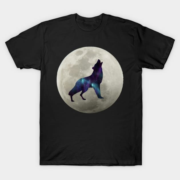 Cosmic Galaxy Wolf Howling Full Moon Space Wolf Gift T-Shirt by AmbersDesignsCo